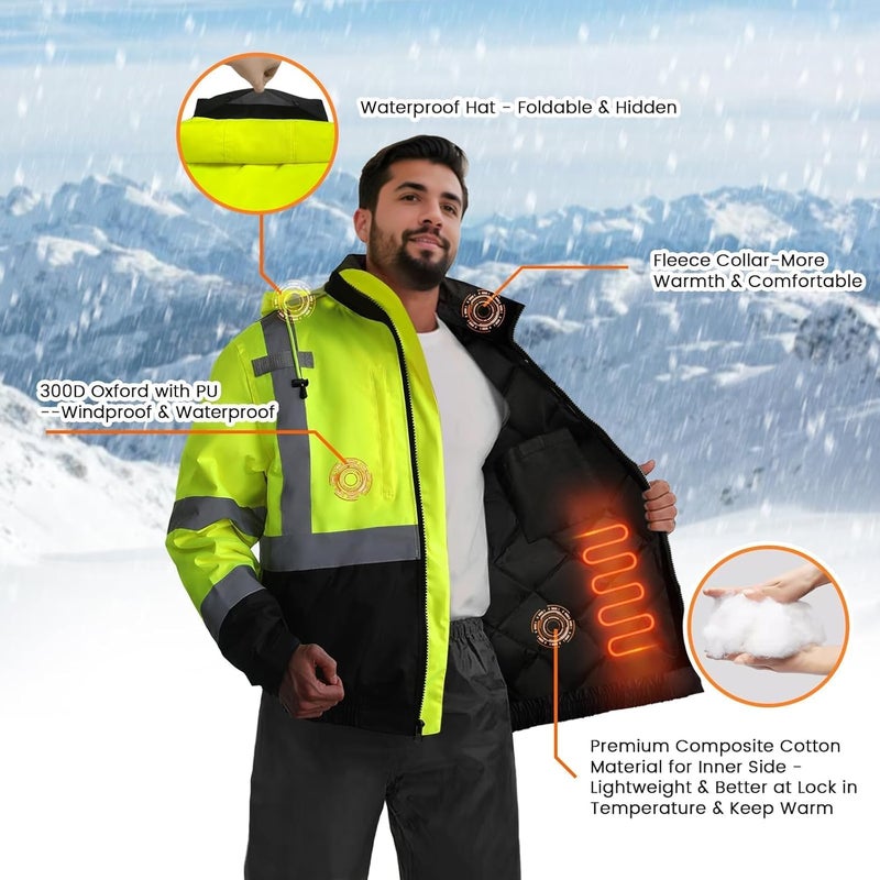TCCFCCT Men's Waterproof Hi Vis Class 3 Reflective Safety Winter Bomber Jacket with Black Bottom, J-Yellow 3XL - Image 3